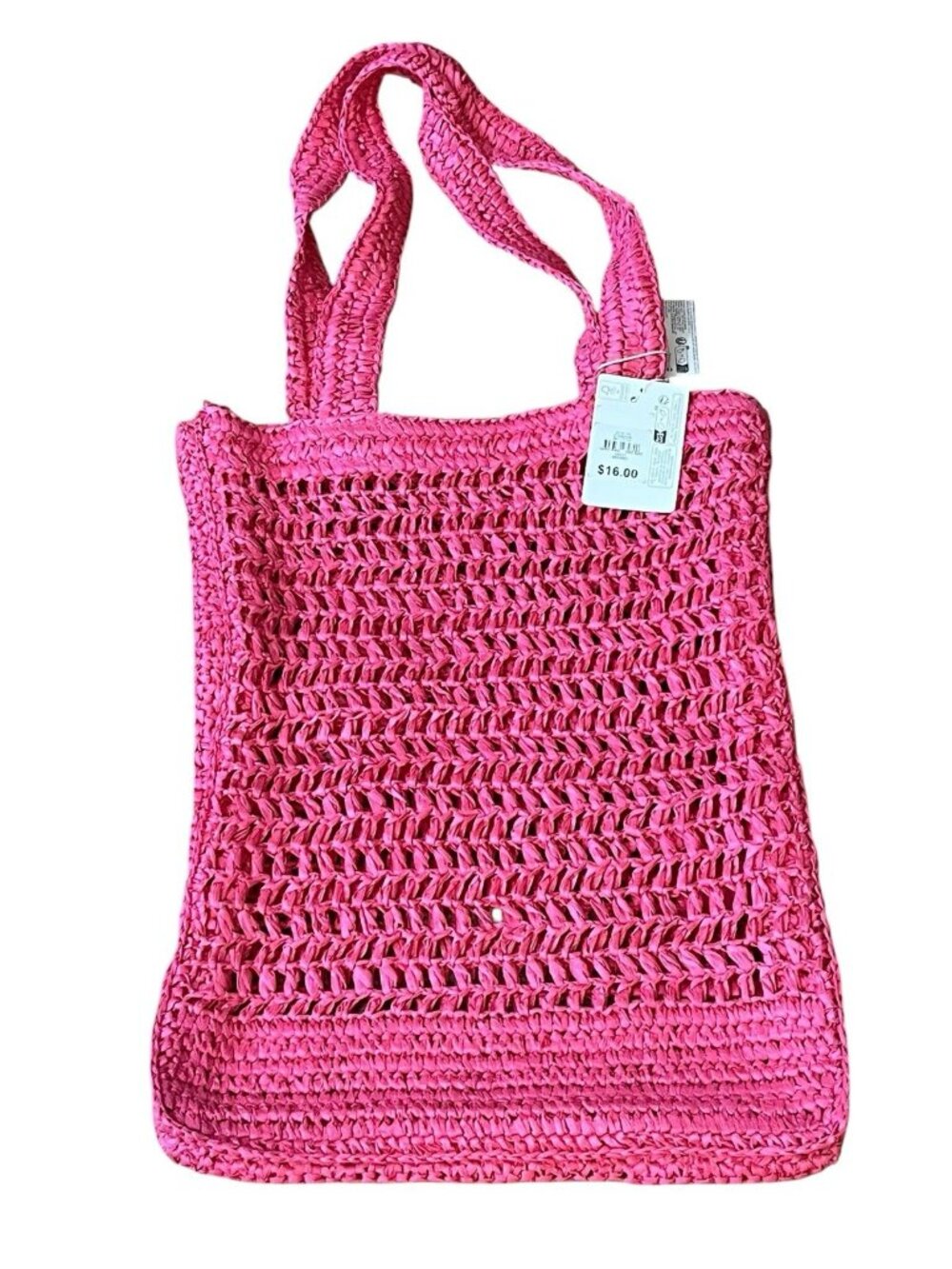 Bright Pink Straw Beach Bag Double Handles Shoulder Woven Tote NWT